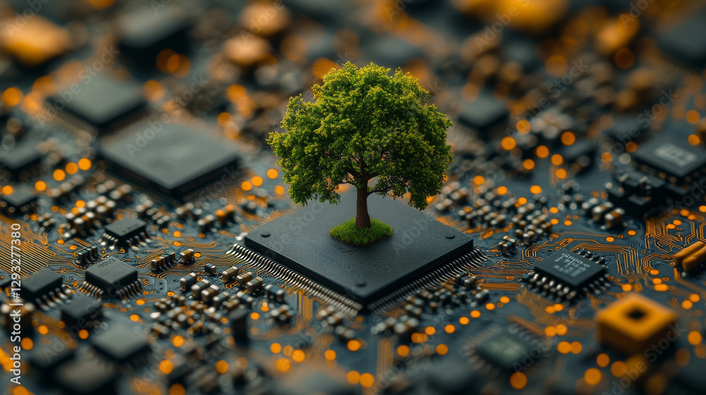 Aufkleber Tree growing from computer chip surrounded by circuitry with glowing lights. Digital nature and sustainability concept