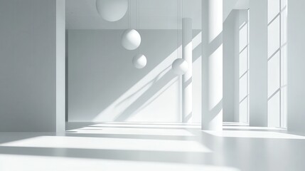 Obraz premium Bright Minimalist Interior with Hanging Spheres and Soft Shadows