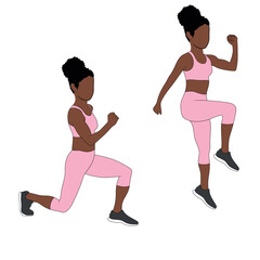 A Black African woman in pink clothing doing bodyweight lunge to jump exercise. Flat vector illustration isolated on white background.