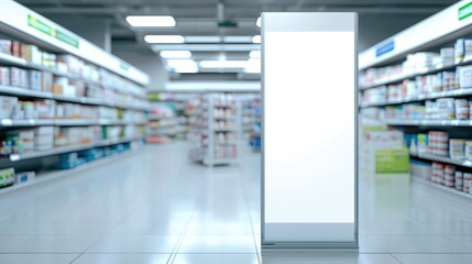 Fototapeta premium Bright Display Stand in Modern Pharmacy Aisle Surrounded by Shelves