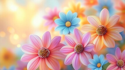 Fototapeta premium A vibrant spring-themed floral background featuring colorful blooms, perfect for promotional banners, invitations, and cheerful designs for events or seasonal sales.