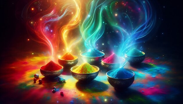 Happy Holi festival with bright color powders, traditional rangoli background, Indian celebration template, vibrant festival theme