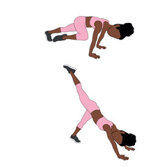 A Black African woman in pink clothing doing Mountain Climber to Kickout exercise. Flat vector illustration isolated on white background.
