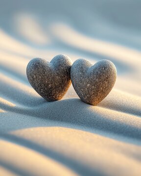 Two heart-shaped stones on soft sand.