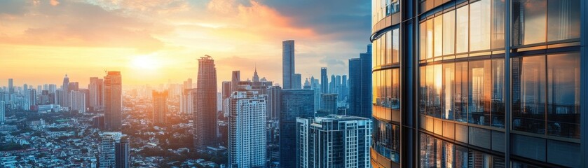 Elegant skyscraper residential building against a stunning city skyline, showcasing modern architectural design.
