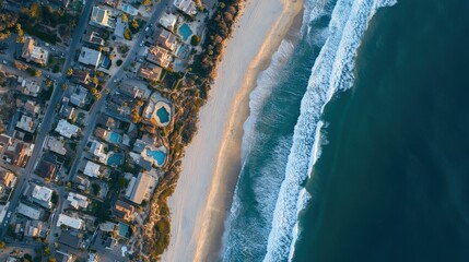 Aerial view of a coastal town with sandy beach and waves, showcasing residential areas and ocean