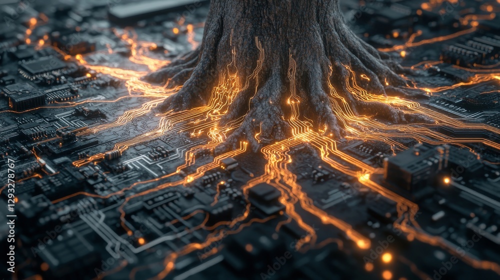 Poster tree roots integrated with glowing circuits on a motherboard, symbolizing nature and technology fusi
