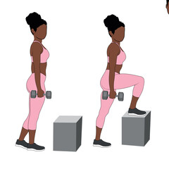 A Black African woman in pink clothing doing step ups exercise. Flat vector illustration isolated on white background