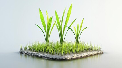 Fototapeta premium Lush green grass sprouting from a textured soil base on a white background.
