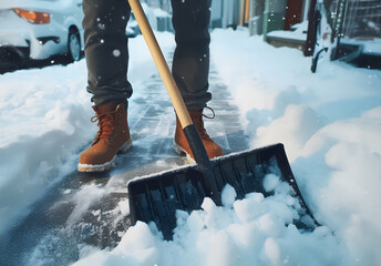 Ein Mann mit einer Schneeswchaufel schiebt den Schnee von der Stra&szlig;e, Gehweg, close-up, copy space