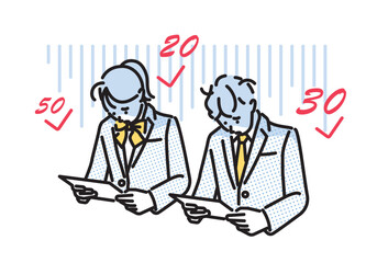 シンプル　イラスト　テストで赤点を取って落ち込む学生の男女