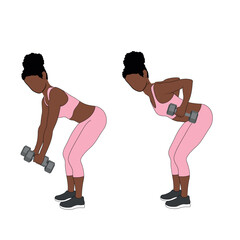 A Black African woman in pink clothing doing bent over rows with dumbbells. Flat vector illustration isolated on white background