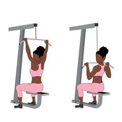 A Black African woman in pink clothing doing back lateral pulldowns on gym machine. Flat vector illustration isolated on white background