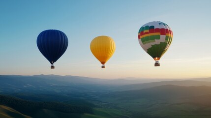 Fototapeta premium Colorful Hot Air Balloons Flying Over Scenic Mountain Landscape