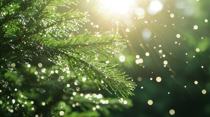 Fresh Rain Drops on Evergreen Branches with Warm Sunlight Rays
