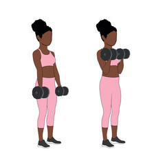 A Black African woman in pink clothing doing standing bicep curls with dumbbells exercise. Flat vector illustration isolated on white background