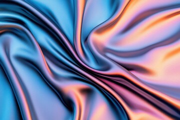 Obraz premium A vibrant, flowing fabric with a silky texture, showing a blend of blue, orange, and pink hues that create an eye-catching visual appeal.