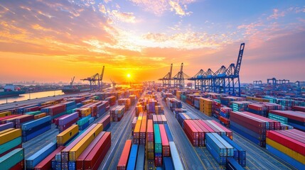 A vibrant sunset illuminates a busy shipping port filled with colorful cargo containers and towering cranes.cargo management warehouse scheduling