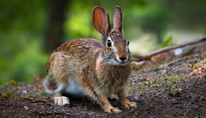 Striking Closeup of an Appalachian Cottontail Rabbit, Basking in the Dappled Light of a Forest Glade, Captured in a Warm Autumn Afternoon, Perfect for Nature Artwork or Home Decor.