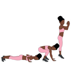 Black Female Character doing burpees cardio exercise in pink clothing