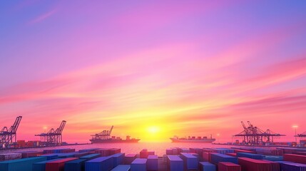 A vibrant sunset casts colorful hues over a bustling shipping port, filled with stacked containers and cranes silhouetted against the sky.cargo management warehouse scheduling