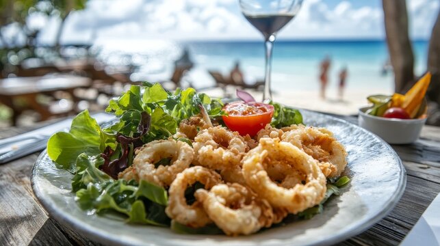 Crispy Calamari Salad with Ocean Views - A Beachfront Dining Delight