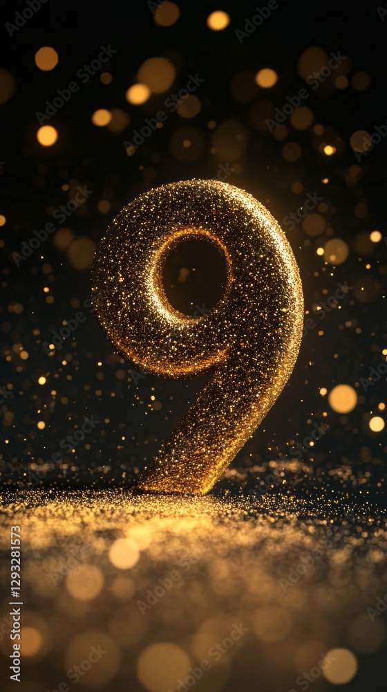 Poster Glittering golden number nine with sparkles and bokeh effect on dark background. Festive decoration concept