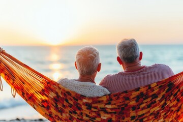 A serene sunset scene featuring an elderly couple relaxing together in a hammock by the beach, embodying love and tranquility.