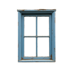 This is an image of an old, weathered window with a rustic charm. The window frame is painted in a faded blue color, showing signs of wear and tear.