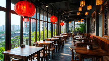 Chinese or japanese restaurant with wooden furniture, red asian lanterns and fan on wall. Vector cartoon illustration of empty china cafe interior with tables, chairs and windows with city view