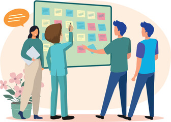 Business Workshop Concept. Vector cartoon illustration of a close-up group of diverse people standing near a board with sticky notes and discussing an idea.