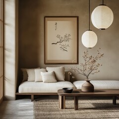 An interior space showing a minimalist design and artistic paintings