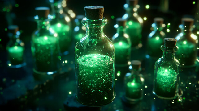Cartoon set of glass bottles with green magic potions isolated on dark background. Vector illustration of different shape corked jars with bubbly poisonous liquid substance. Game props collection