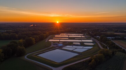 Fototapeta premium Aerial view of serene water treatment facility at sunset, surrounded by lush greenery and fields