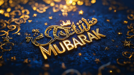 Elegant Golden Eid Mubarak Calligraphy Design Festive Sparkling Blue Background Luxury 3D Text Arabic Islamic Greeting Card Holiday Celebration Shiny Ornament  Ornate Decoration Golden Stars Night Art