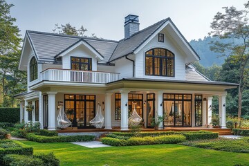 Charming white coastal beach house with wrap-around porch, large windows, light grey shingle roof, and lush greenery, embodying classic seaside architecture.