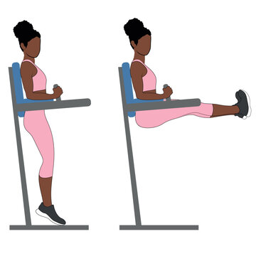 Black Female Character doing power tower straight leg raises exercise in pink clothing