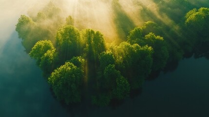 Sunlit Island Mist: An Aerial View of Serene Nature