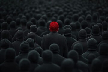 Obraz premium Redhead stands out in a sea of black hoodies