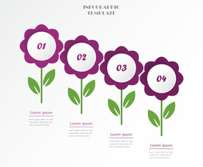 Step by step violet infographic template with 4 options, parts or processes. Creative flowers concept.