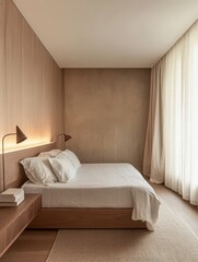 A wooden bedroom displays minimalist design and modern decor