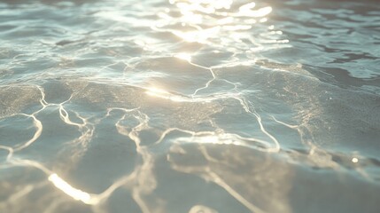 Ultra-clear shallow ocean water, soft rippling movements enhanced by bright sun rays, showcasing the purity of the sea