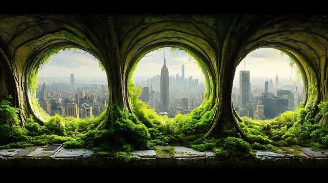 Fototapeta New York City Skyline Seen Through Natural Stone Archways