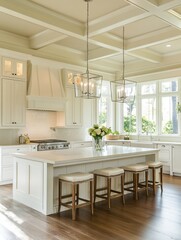 A modern kitchen design with a white island and stools