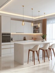 Clean white modern kitchen design with hanging lights and barstools