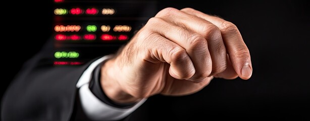Fototapeta premium A close-up of a businessman's hand making a fist, representing determination and focus in the workplace.