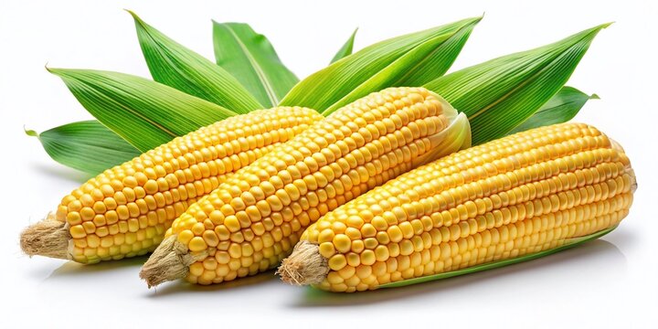 Ripe Yellow Maize Corncobs with Lush Green Leaves - Isolated PNG Stock Photo