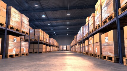 A spacious warehouse filled with neatly stacked pallets of boxes, illuminated by overhead lights, creating an organized storage environment.cargo management warehouse scheduling