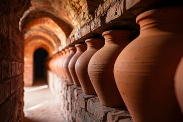 Clay Pots Stored in Brick Archway Cellar