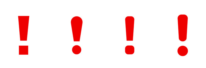 Four distinct red exclamation marks in a horizontal line, showing varied designs.